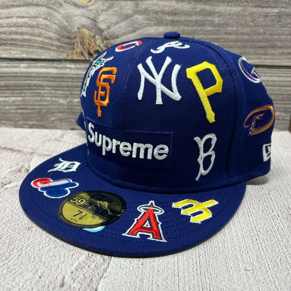 Supreme MLB New Era Hat Blue All Over Logo Size 7 3/8 DEADSTOCK BRAND NEW